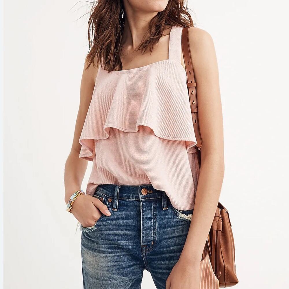 Madewell Texture & Thread Tiered Tank Top Crisscross Back Ruffles Crop Blush M